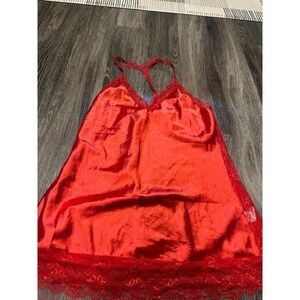 Red Satin Lace Trim Chemise Nightgown Racerback V-Neck Lingerie Sleepwear